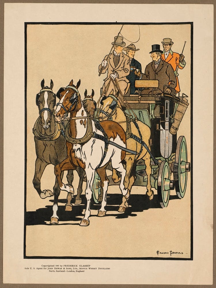 Vier Männer reiten auf einer Kutsche, die von vier Pferden gezogen wird, Edward Penfield