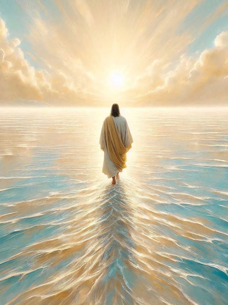 Jesus Walking On Water At Sunrise, Christian Art, Walk On Water Art, Lds Art, Bible Painting, Jesus Picture, Catholic Art, Jesus Printable