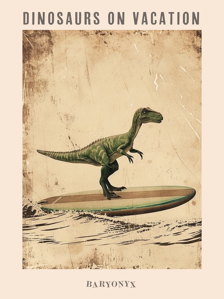 Vintage Baryonyx Dinosaur On A Surf Board 2 Poster