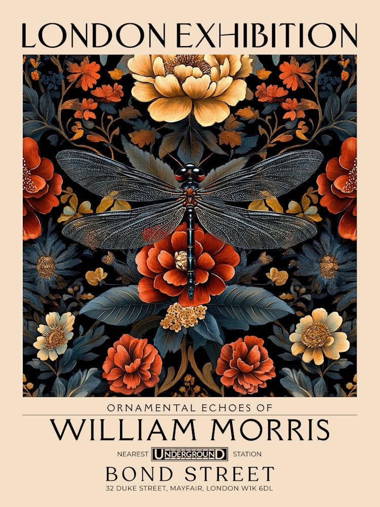 William Morris Dragonfly and floral artwork, insect and flower pattern vintage Botanical print for cottagecore, maximalist decor,floral tapestry Victorian nature illustration bedroom vintage decor
