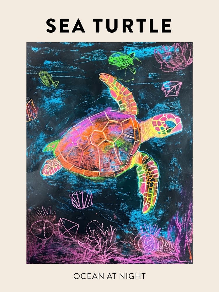 Neon Sea Turtle In The Sea At Night Poster 1