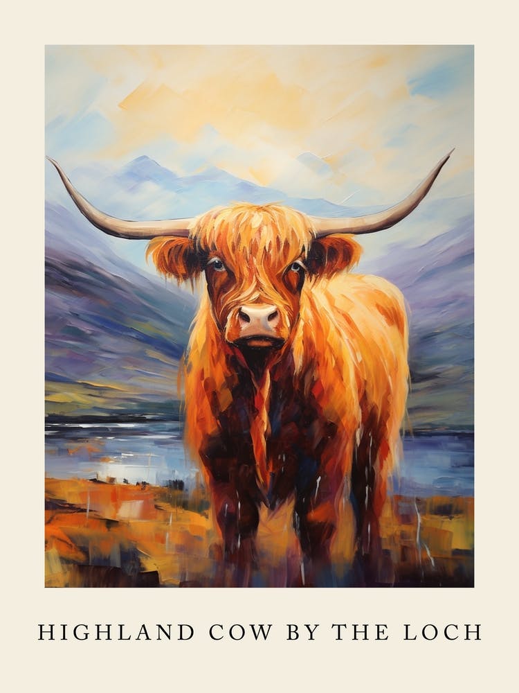 Vache des Highlands Style Impressionnisme Près du Loch Affiche