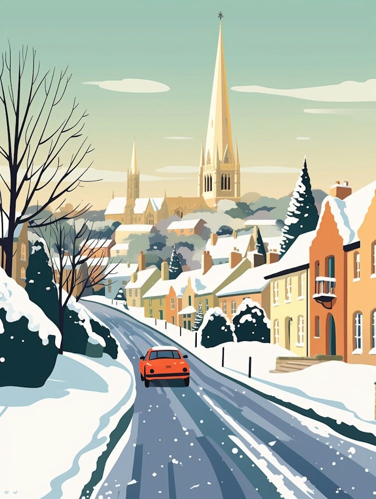 Vintage Winter Travel Illustration Cotswolds United Kingdom 3
