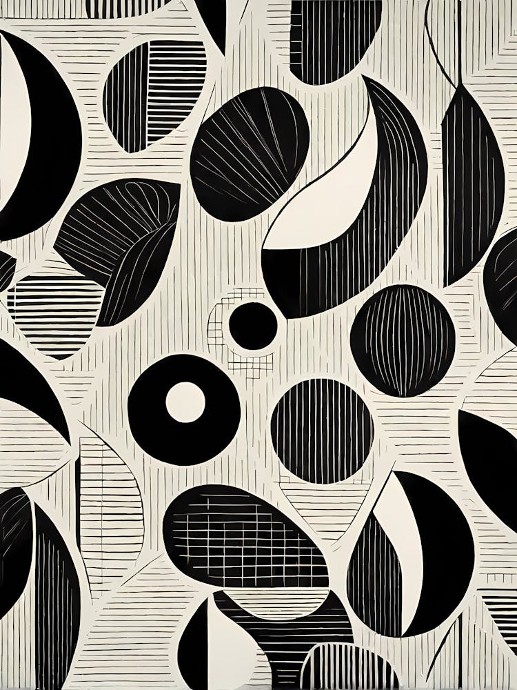 Retro-inspiriert Linolschnitt Abstrakte Formen Schwarz-Weiß-Farben Kunst, 227