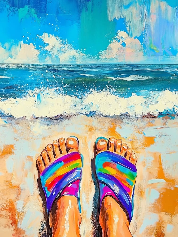 Painting Of Colorful Feet With Flip Flops On Sandy Beach