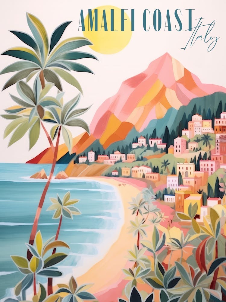 Amalfi Coast Italy. Gouache Landscape. Vintage Travel