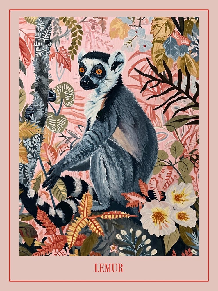 Floral Animal Painting Lemur 2 Poster