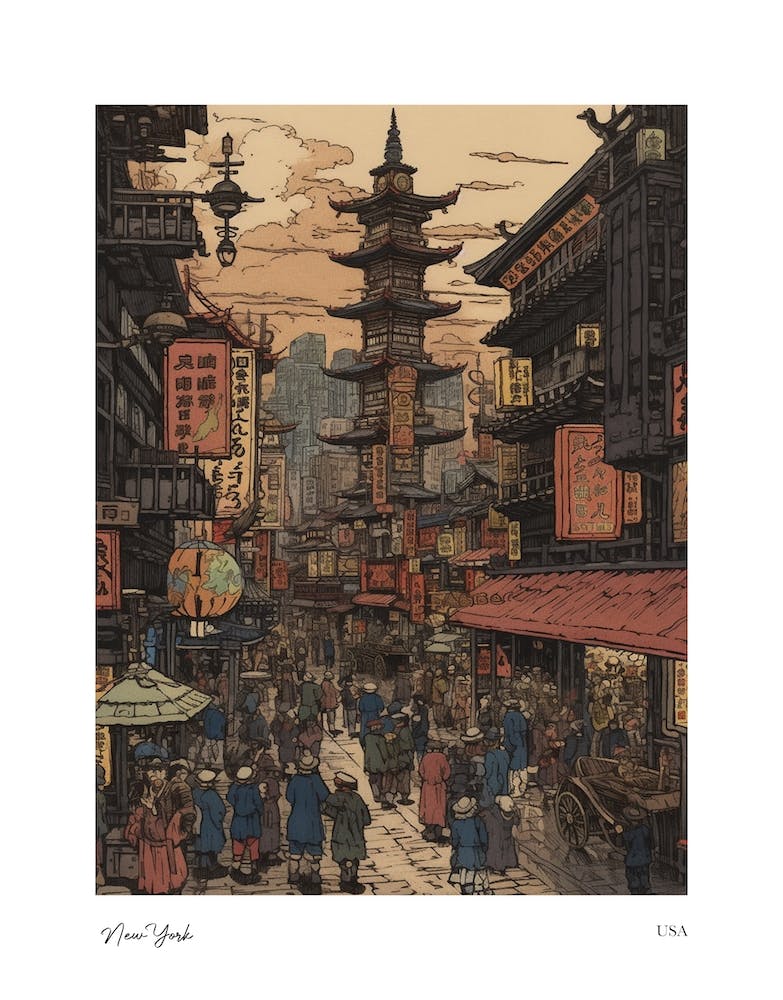 New York Usa Woodblock 3 Watercolour Travel Poster
