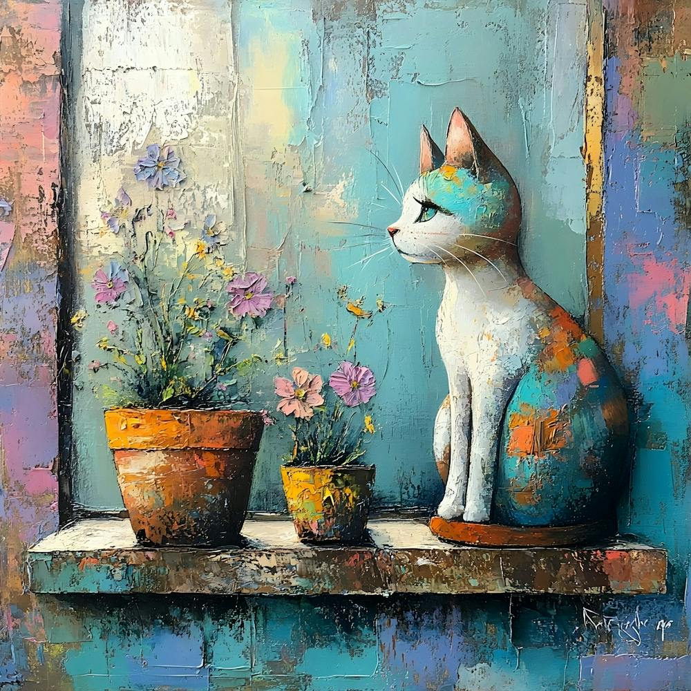Cat In Window With Flowers 19