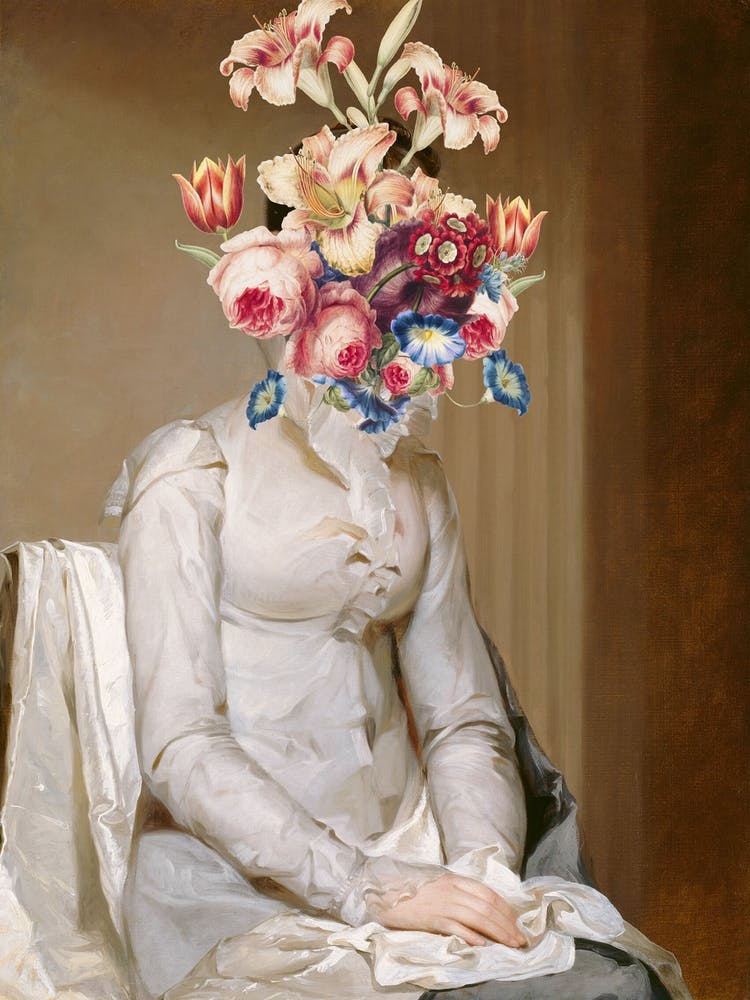 Mee Me In The Garden / Neoclassic Collage of Flowers / Oil Portrait of Woman