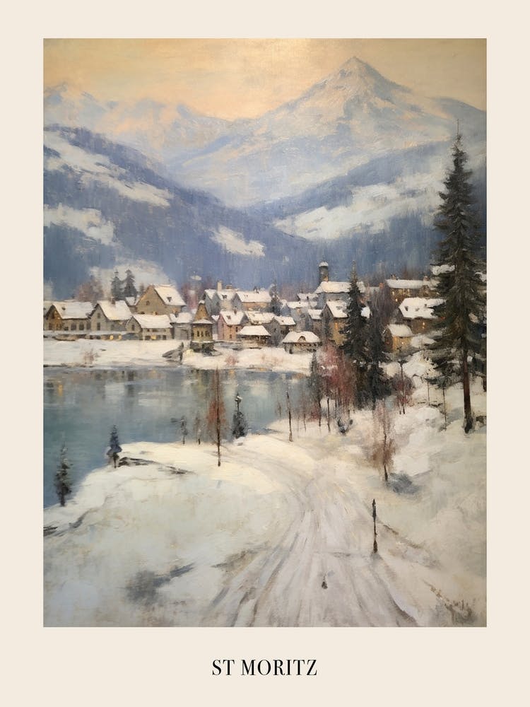 Vintage Winter Painting Poster St Moritz Switzerland 2
