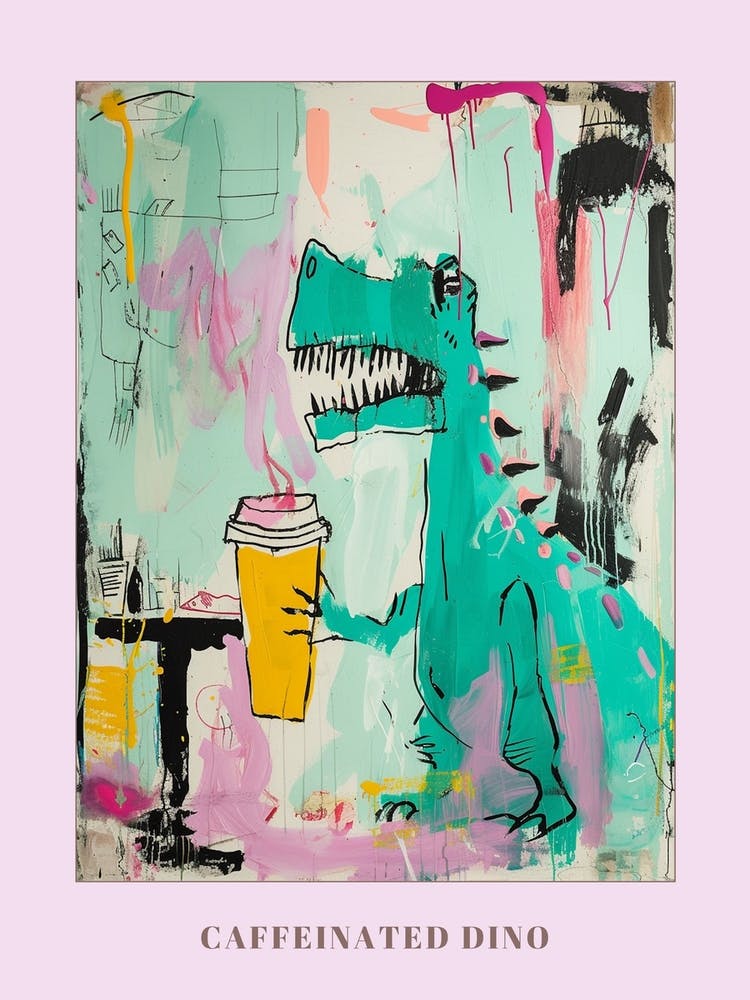 Dinosaur Drinking Coffee Pastel Pink Graffiti Brushstroke 2 Poster