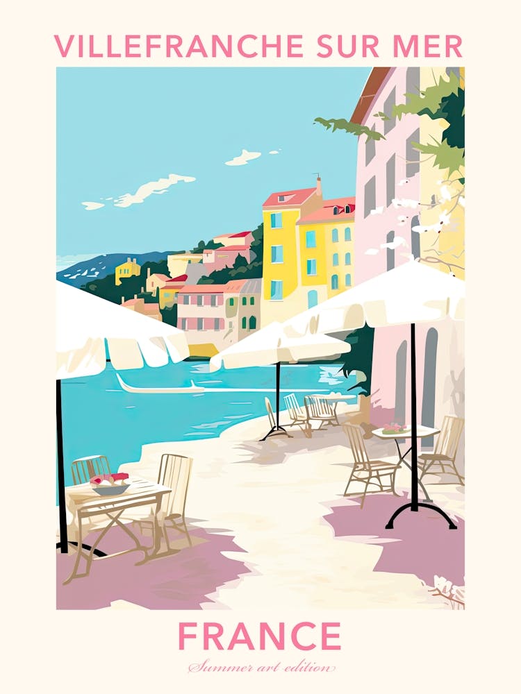 Villefranche Sur Mer, Frankreich, Illustration in flachen Pastelltönen 1 Poster