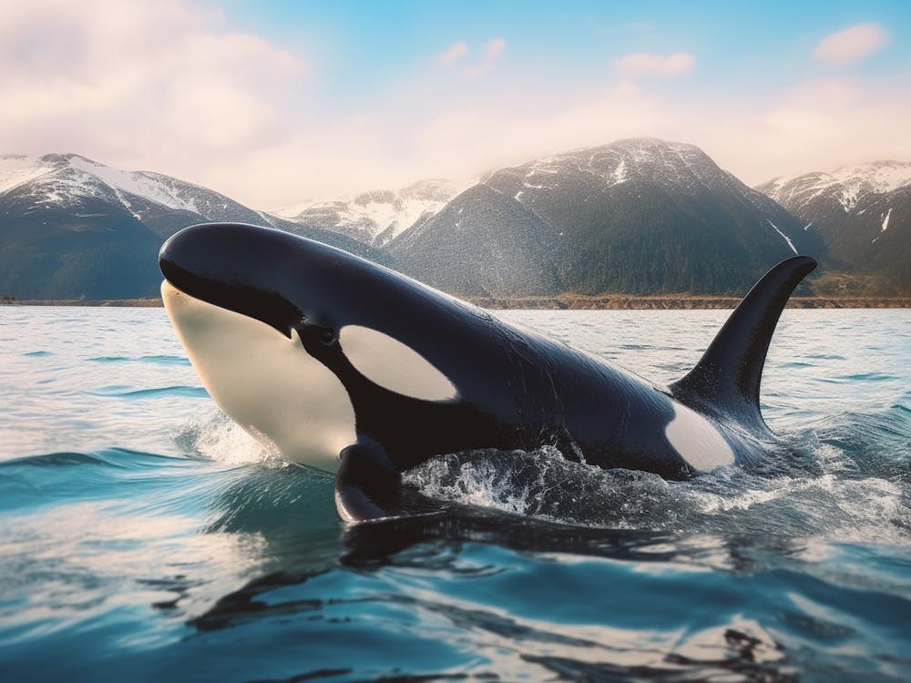 Realistic Photography Of Orca Whale Emerging Out Of Water With Icy Mountain In Background 2