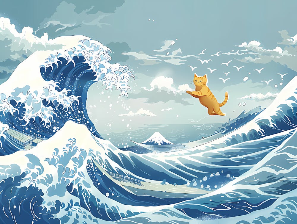 Great Wave And Jumping Cat 1