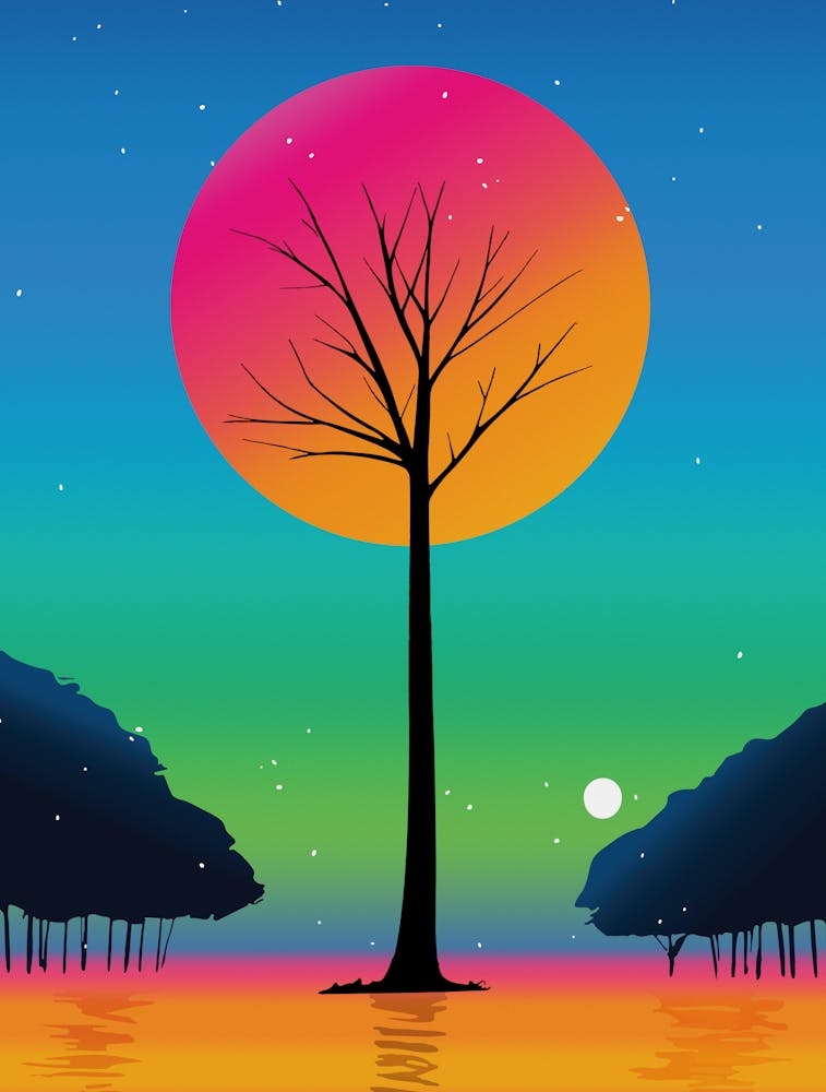 Vivid Tree Beneath A Cosmic Rainbow Sky