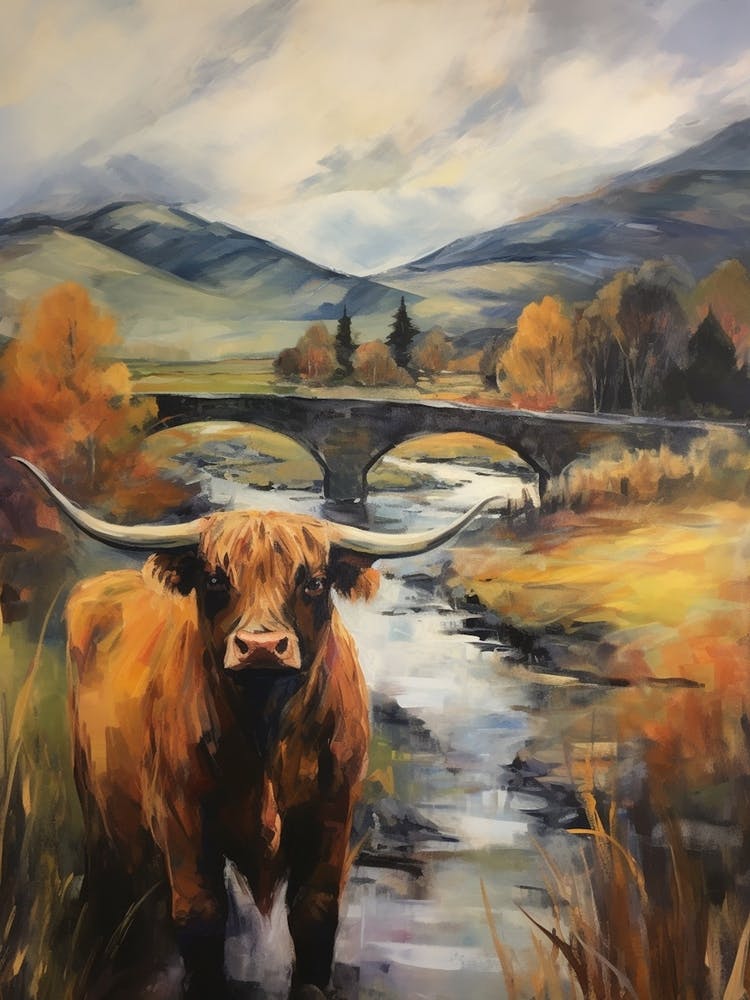 Highland Cow On A Cloudy Bridge By The Railway Track