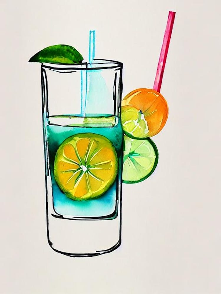 Mai Tai Minimal Line Drawing With Watercolour Cocktail Poster