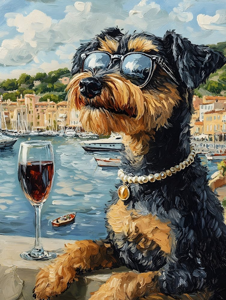 Airedale Trinkt Wein Am Hafen