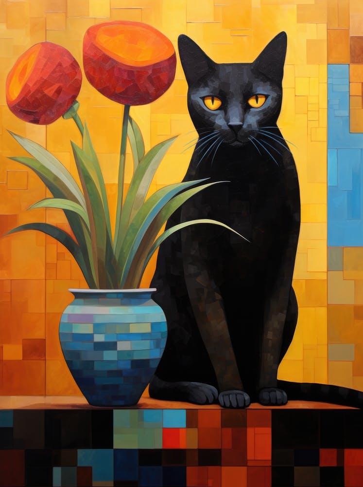 Black Cat With Tulips 2