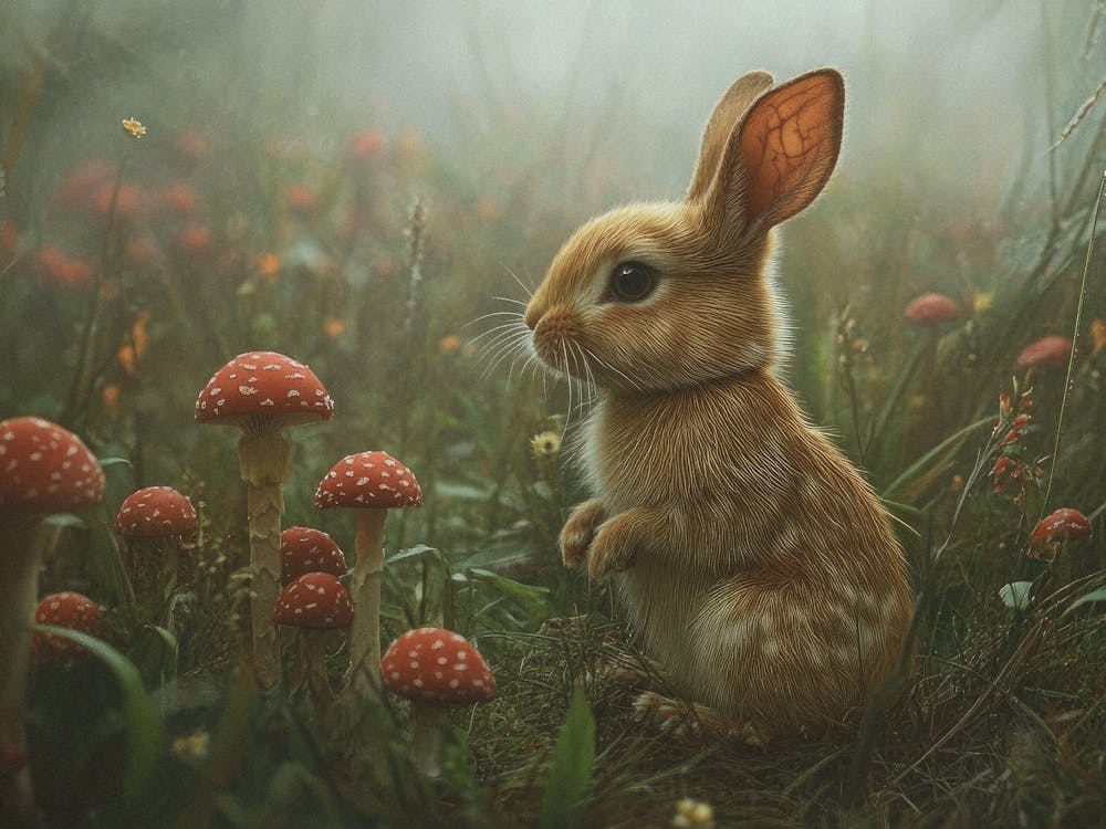 photography of a rabbit in a Whimsical woodland – soft golden light, earthy browns – cozy and enchanting nature – in the style of storybooks – ideal for nurseries, forest themed rooms, or cozy bedrooms