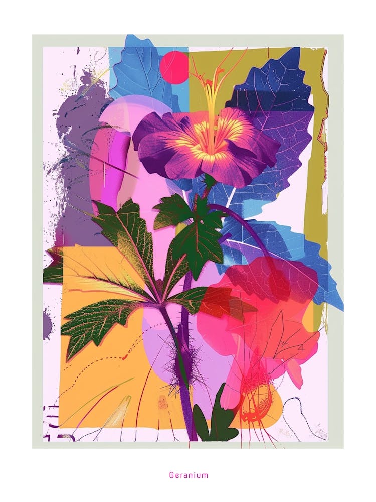 Geranium 4 Neon Flower Collage Poster