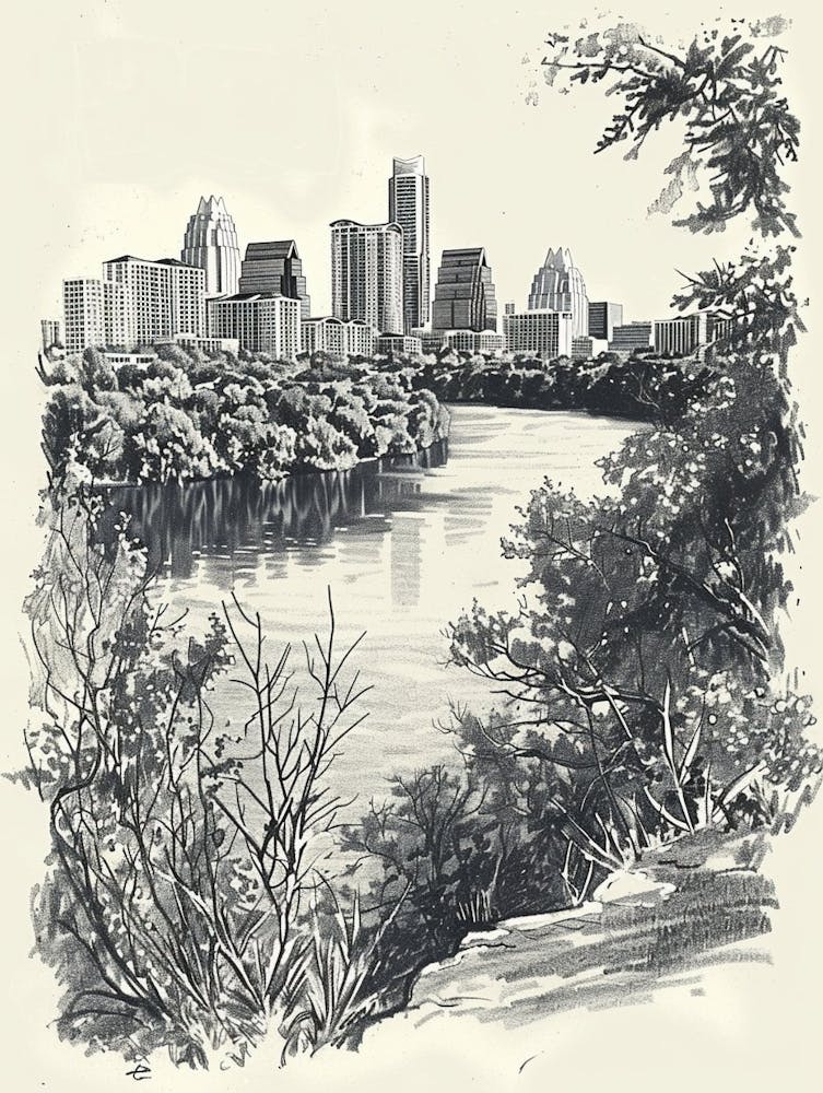 Mont Bonnell Austin Texas Dessin Noir et Blanc 1