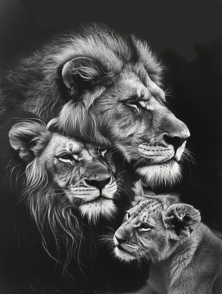 Barbary Lion Charcoal Drawing Family Bonding 1