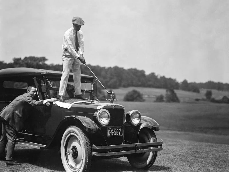 Golfer On A Car, Vintage Black and White Old Photo