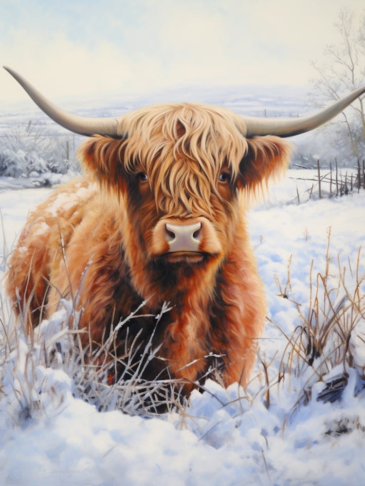 Traditional Watercolour Illustration Of Highland Cow In The Snowy Field 2
