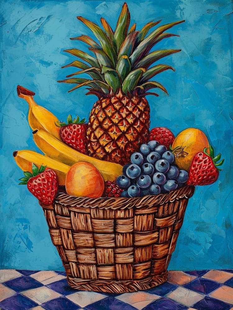 Tropical Fruit Basket Blue Checkerboard 4