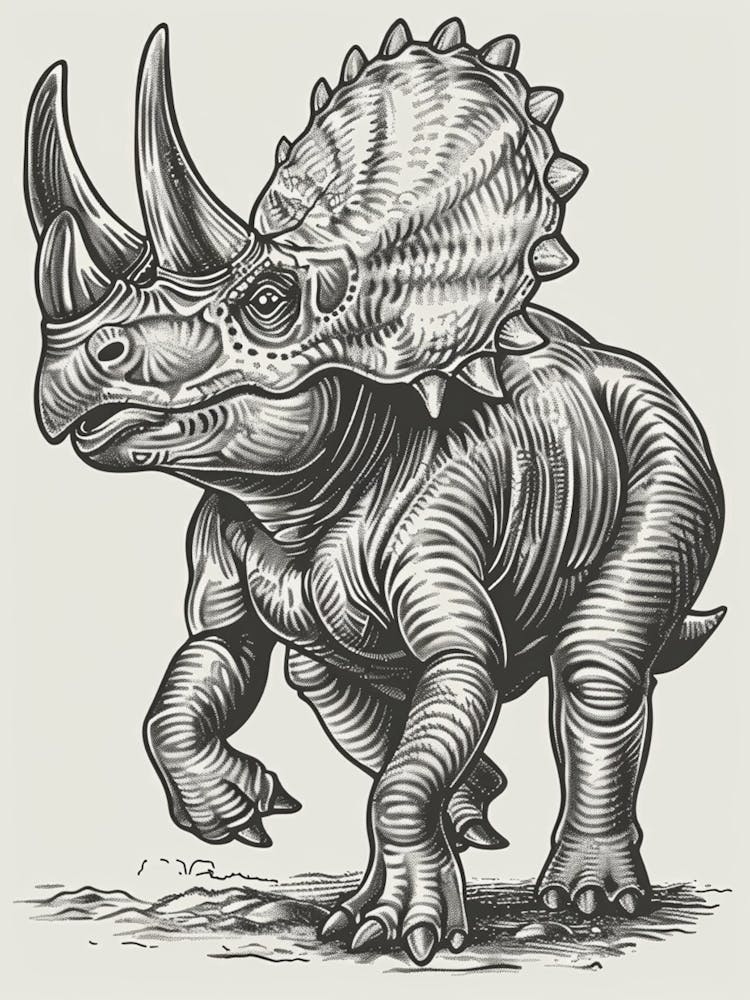 Triceratops Black & White Dinosaur Illustration