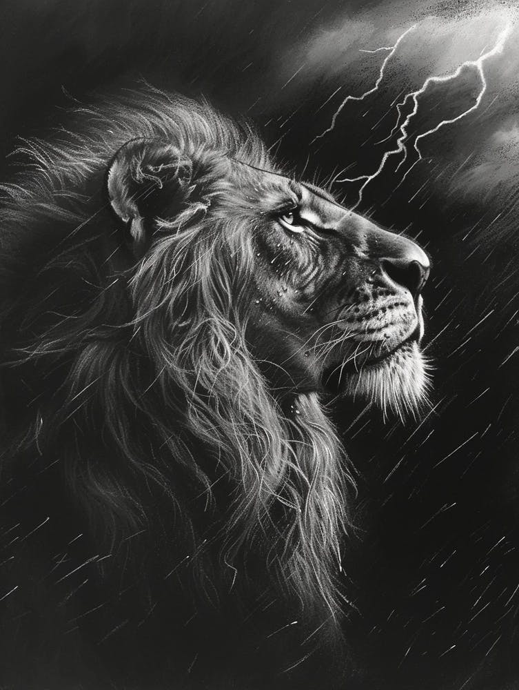 African Lion Charcoal Drawing Facing A Storm 2