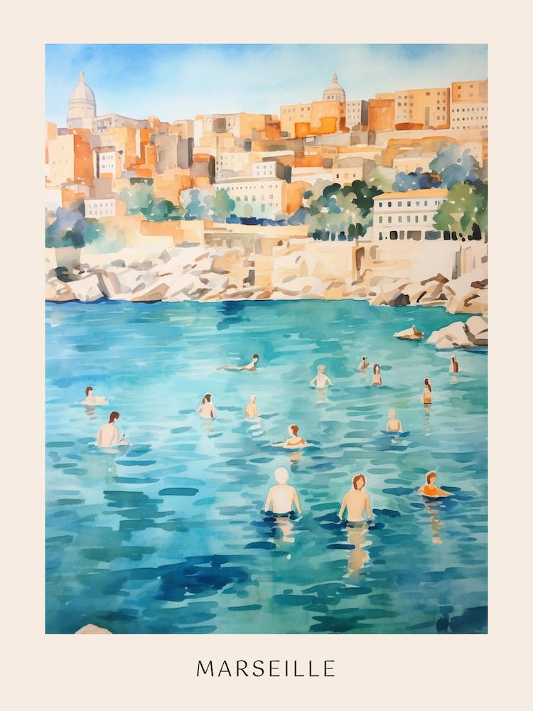 Swimming In Marseille France Watercolour Poster