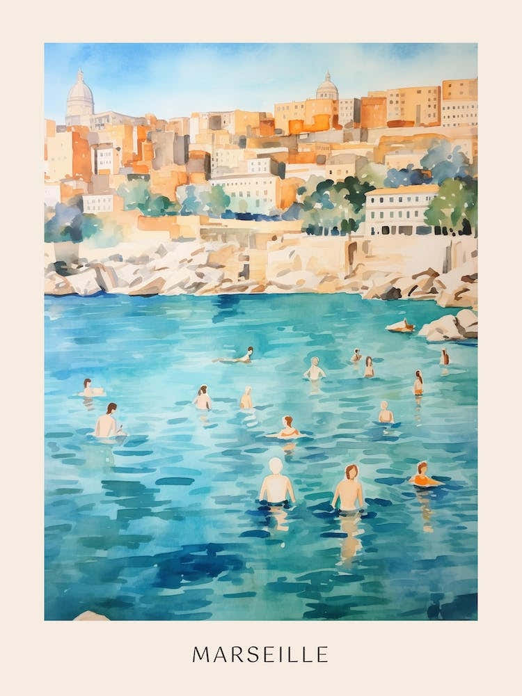 Swimming In Marseille France Watercolour Poster