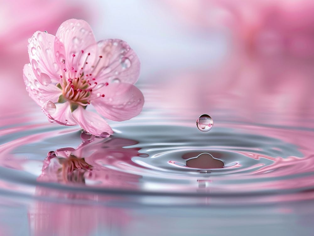 Eternal Reflections Around A Single Water Drop In Perfect Form Falling In Water, A Style Where The Subject Is Reflected Infinitely, Creating An Effect Of Eternity, In Blossom Pink And Sky Blue