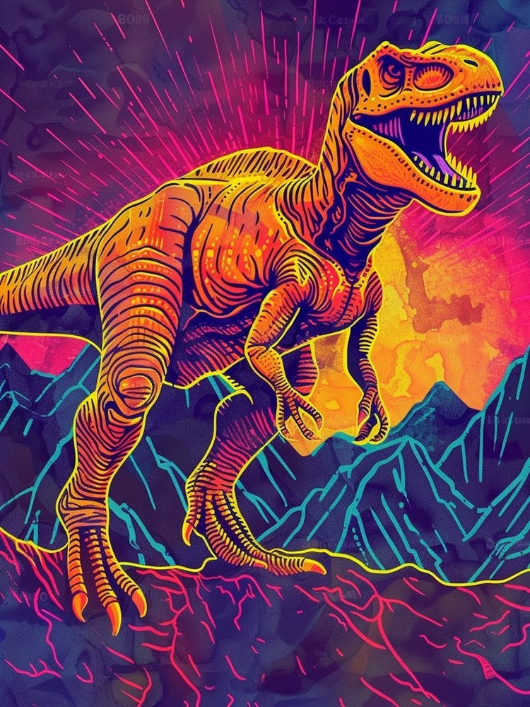 Neon Linework Dinosaur In The Mountains