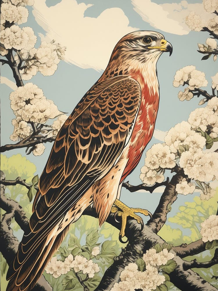 Vintage Bird Linocut Hawk 1
