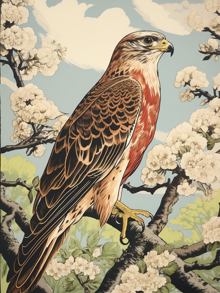 Vintage Bird Linocut Hawk 1