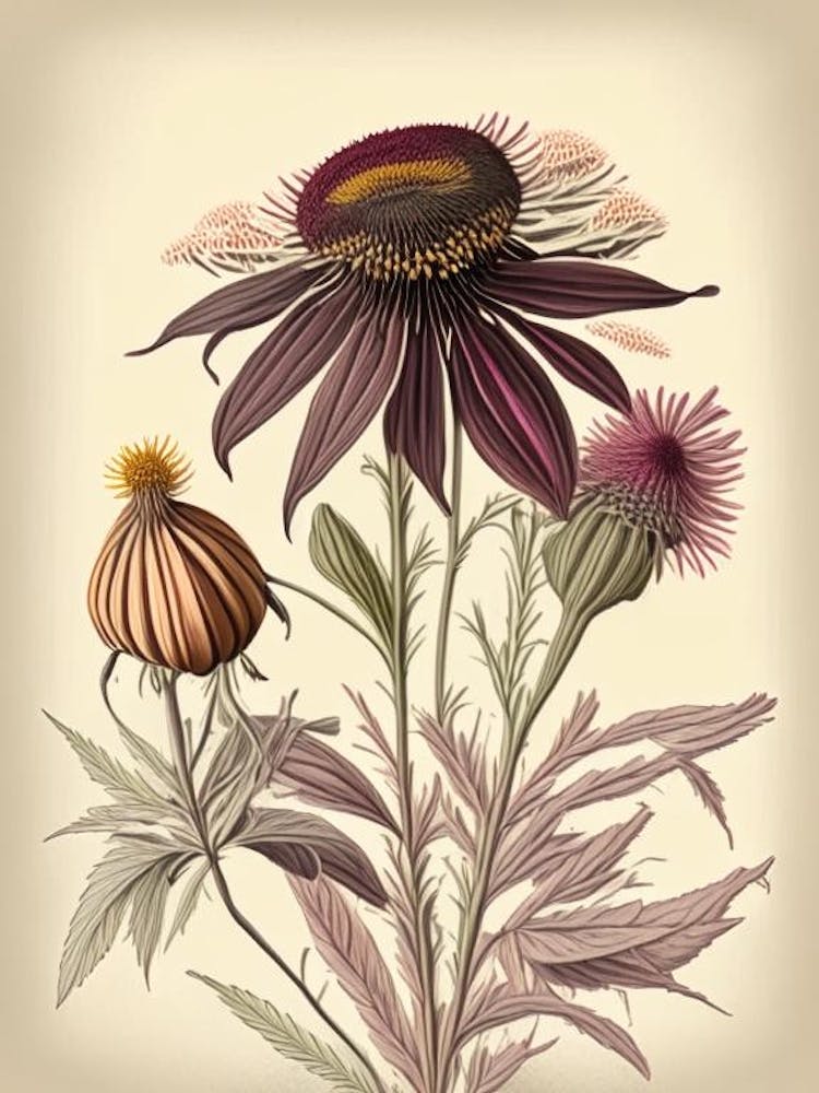 Echinacea Spices And Herbs Retro Drawing 2