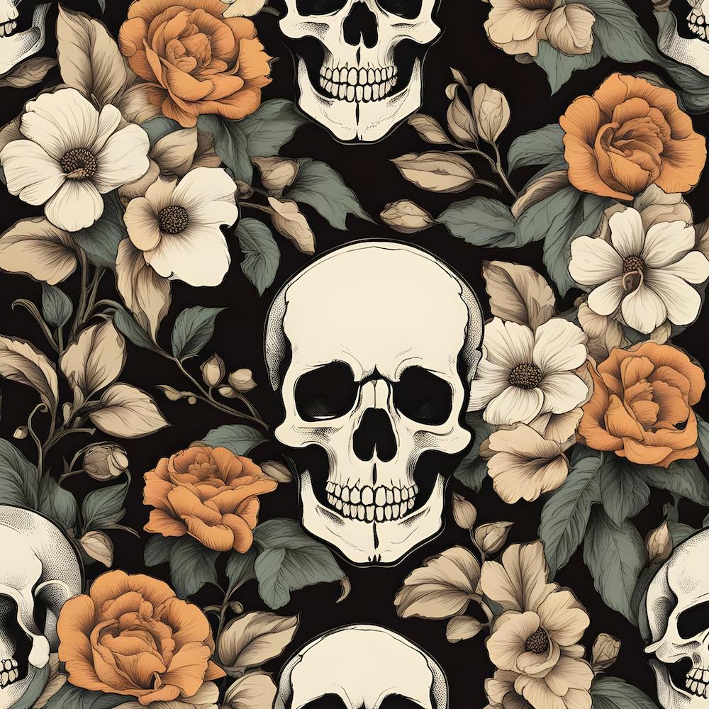 Skulls And Old House Pattern Flowers Vintage Sti Hochskaliert (1)