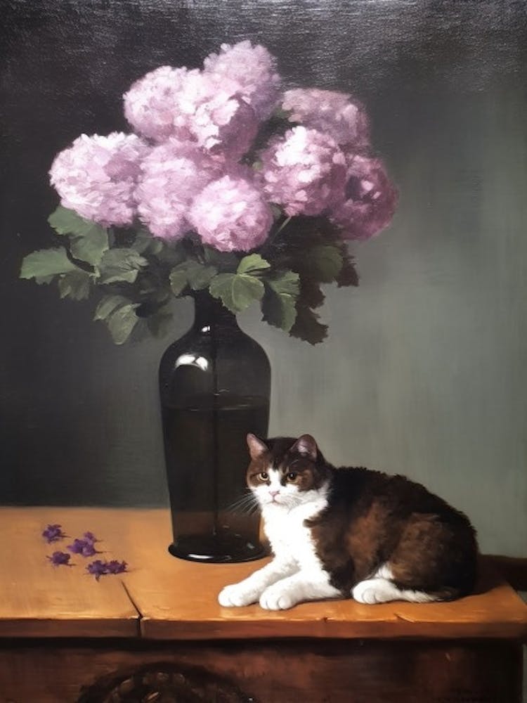 Painting Of A Still Life Of A Lilac With A Cat, Realism 1
