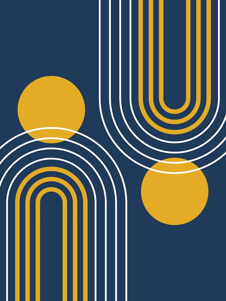 Mid Century Modern Geometric B35 In Navy Blue And Mustard Yellow (Rainbow And Sun Abstract) 01