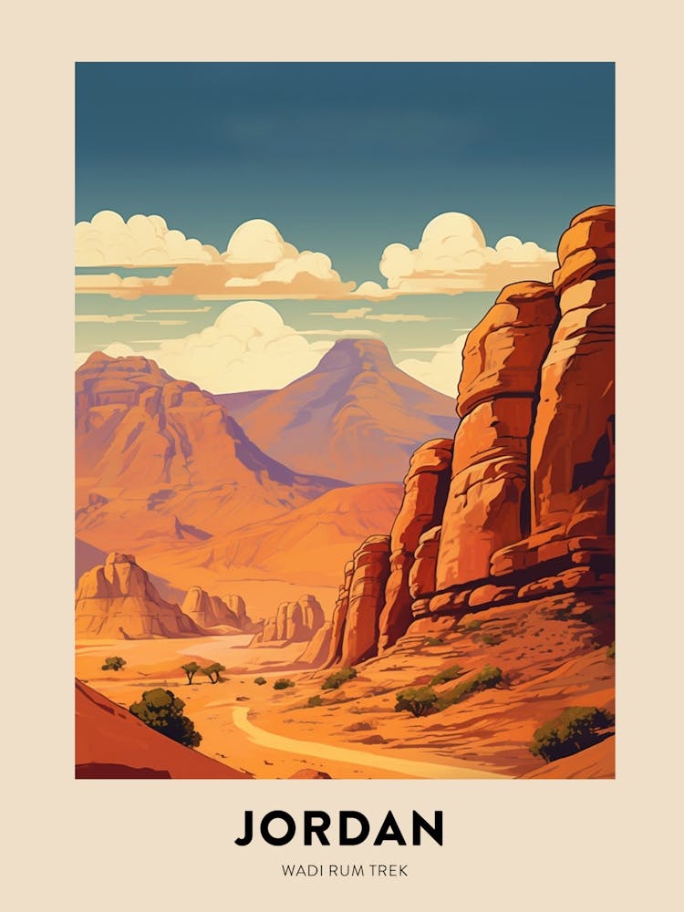 Wadi Rum Trek Jordan 1 Vintage Hiking Travel Poster