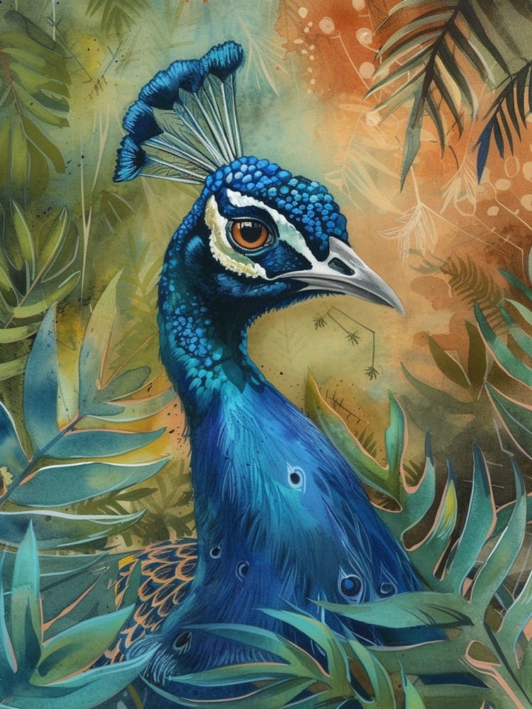 Watercolour Peacock With Tropical Leaves 3