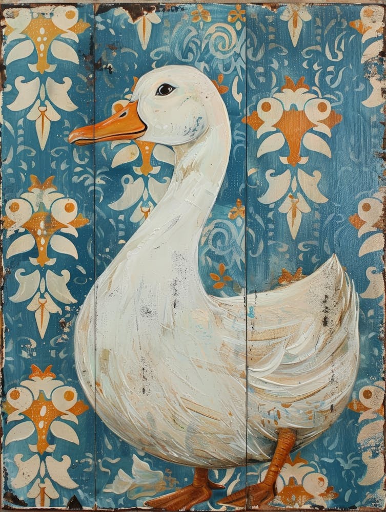 Duck On Blue Damask 1