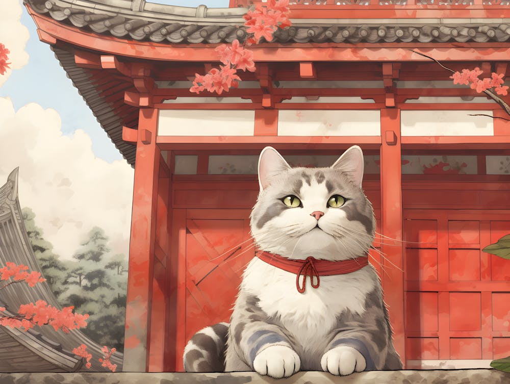 Cat rests before a Japanese Temple