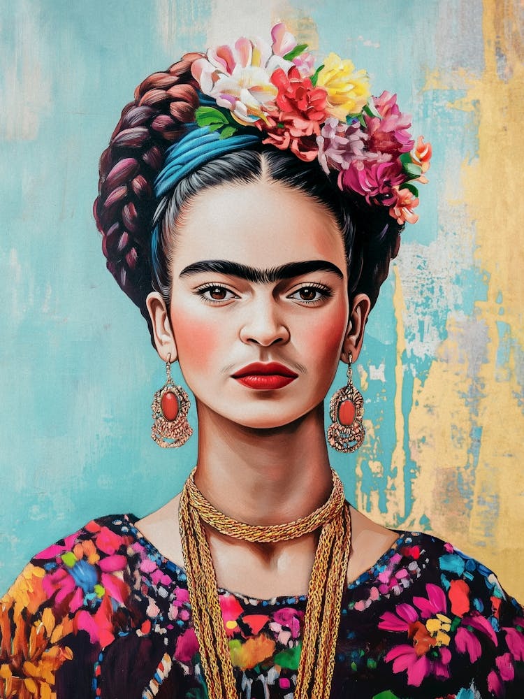 Frida Kahlo Bunte Mexikanische Malerei, Portrait Frida mit Blumenkranz