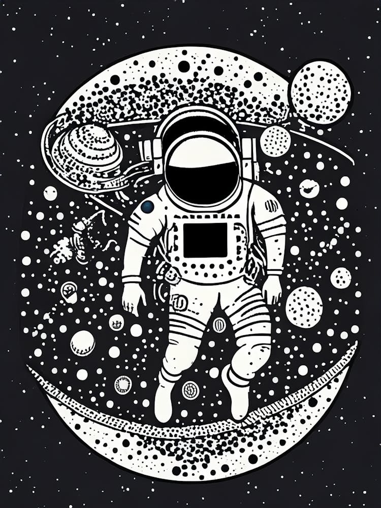 Floating Astronaut in Space - Black and White Cosmic Art