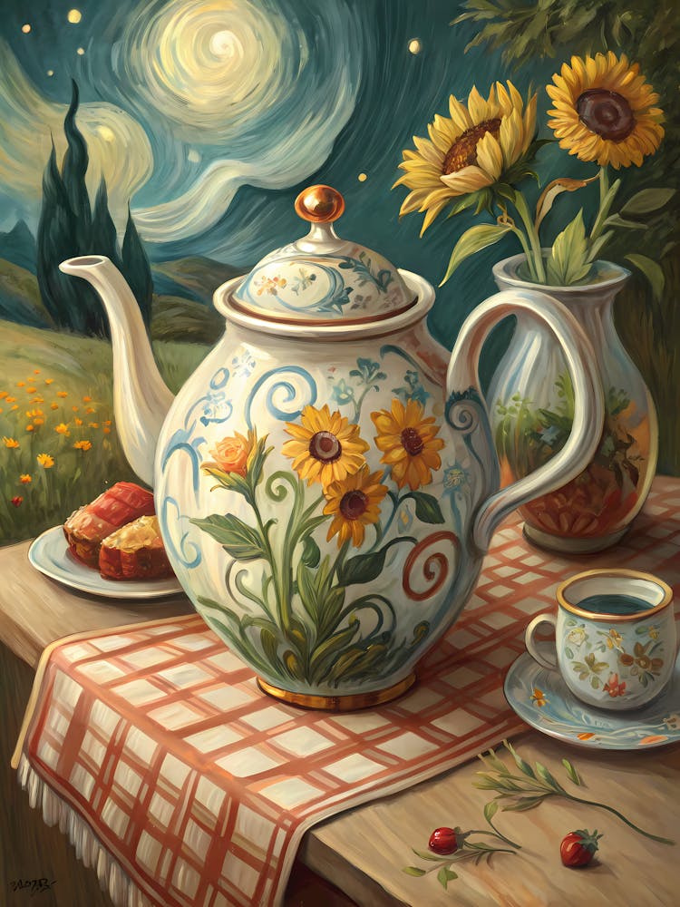 A Classic Teapot with a Floral Design Oil Painting Style